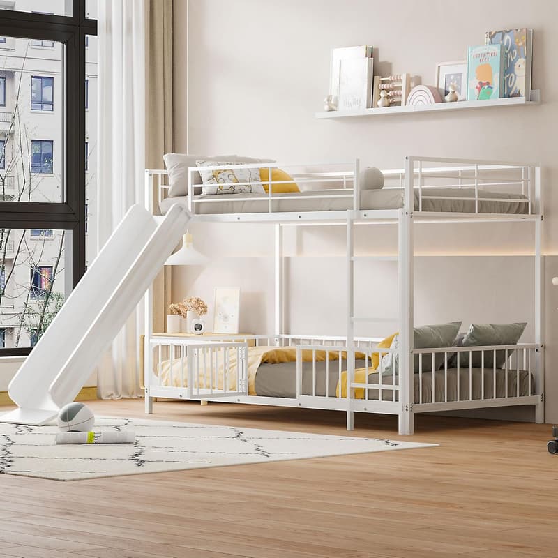 Twin Over Twin Metal Bunk Bed with Slide & Removable Fence for Kids