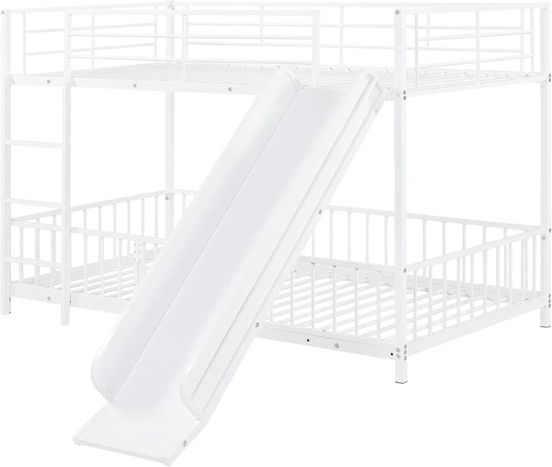 Twin Over Twin Metal Bunk Bed with Slide & Removable Fence for Kids
