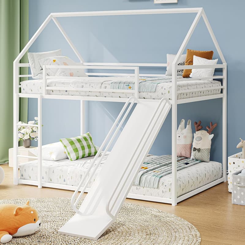Montessori Twin-Over-Twin Bunk Bed with Convertible Slide, White