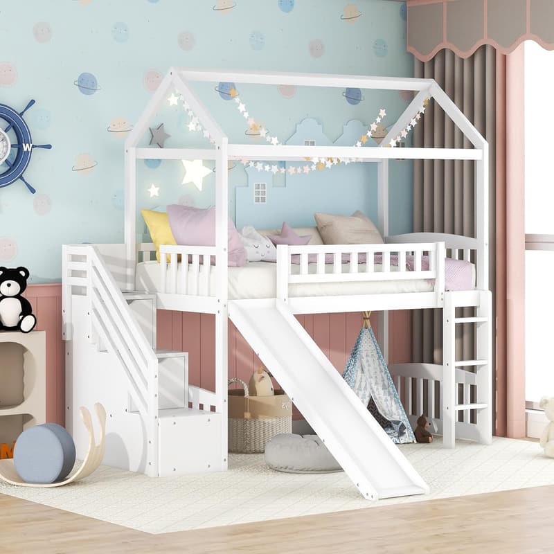 Twin House Loft Bed with Slide & Step Storage for Kids