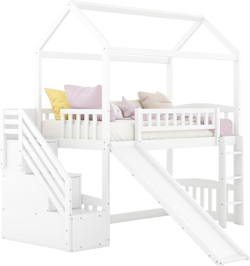 Twin House Loft Bed with Slide & Step Storage for Kids