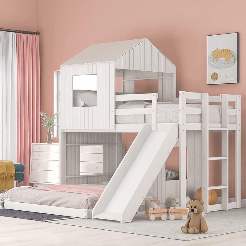 House Bunk Bed with Slide and Roof for Kids – White