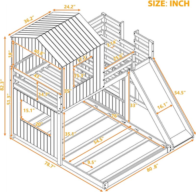 House Bunk Bed with Slide and Roof for Kids – White