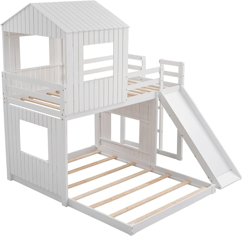 House Bunk Bed with Slide and Roof for Kids – White