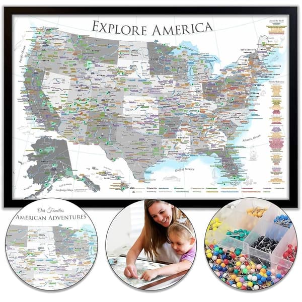 USA National Parks Push Pin Travel Map - Framed Black & White
