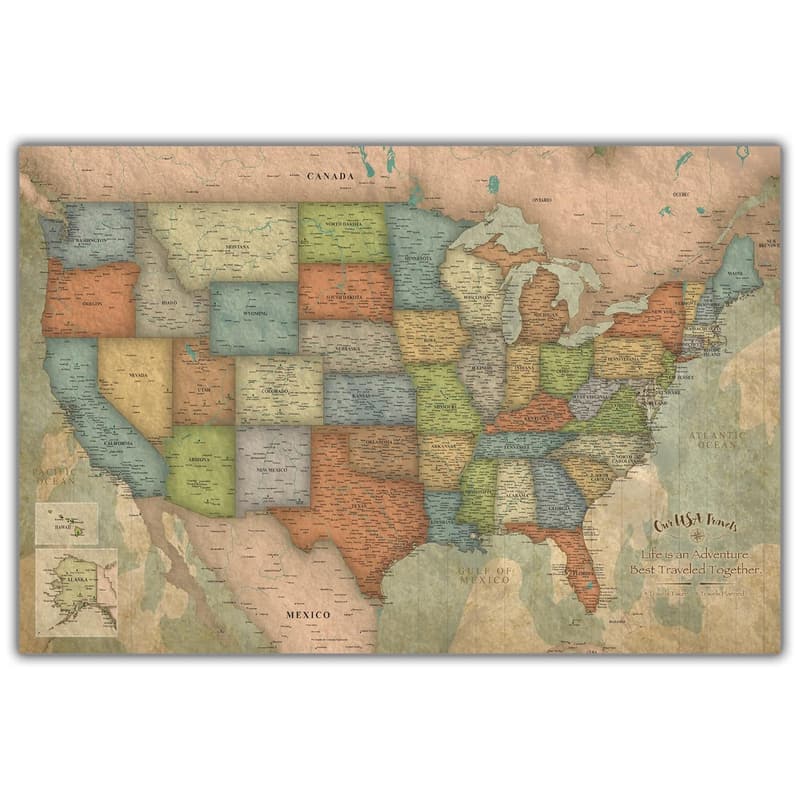 Personalized U.S. Push Pin Travel Map on Canvas - Vintage Colors