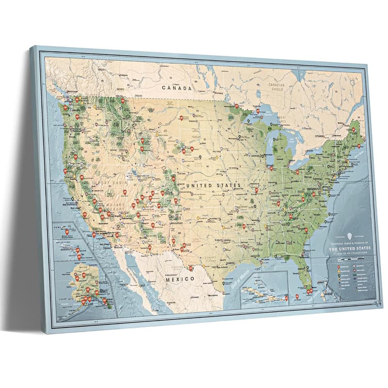 National Parks Travel Map with Push Pins - Customizable Wall Art