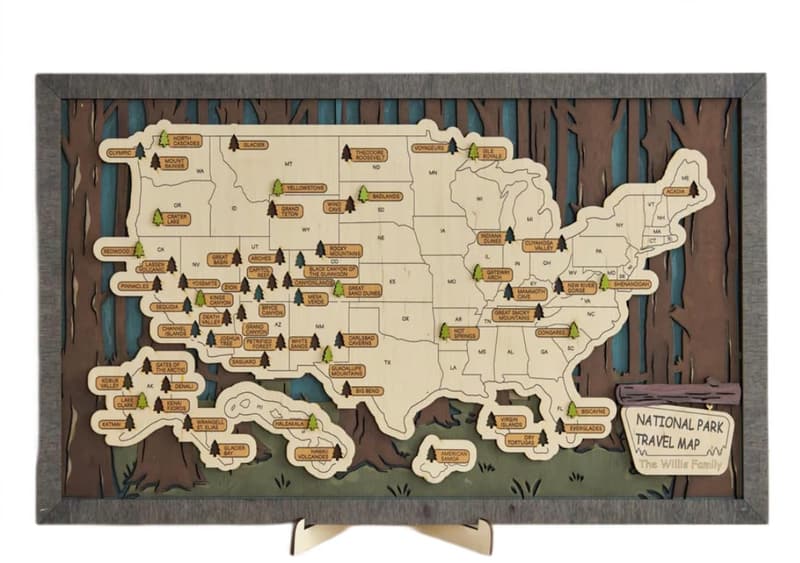 National Parks Travel Map with Wooden Push Pins - Gift for Travelers