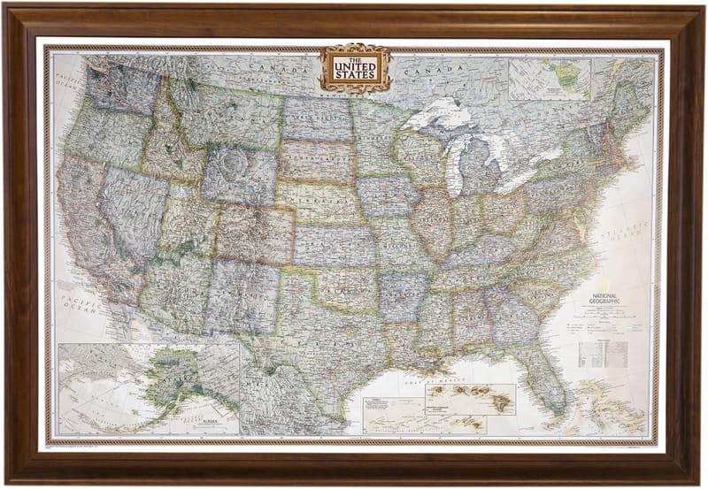 Brown Framed Push Pin Travel Map - Ideal for Travelers
