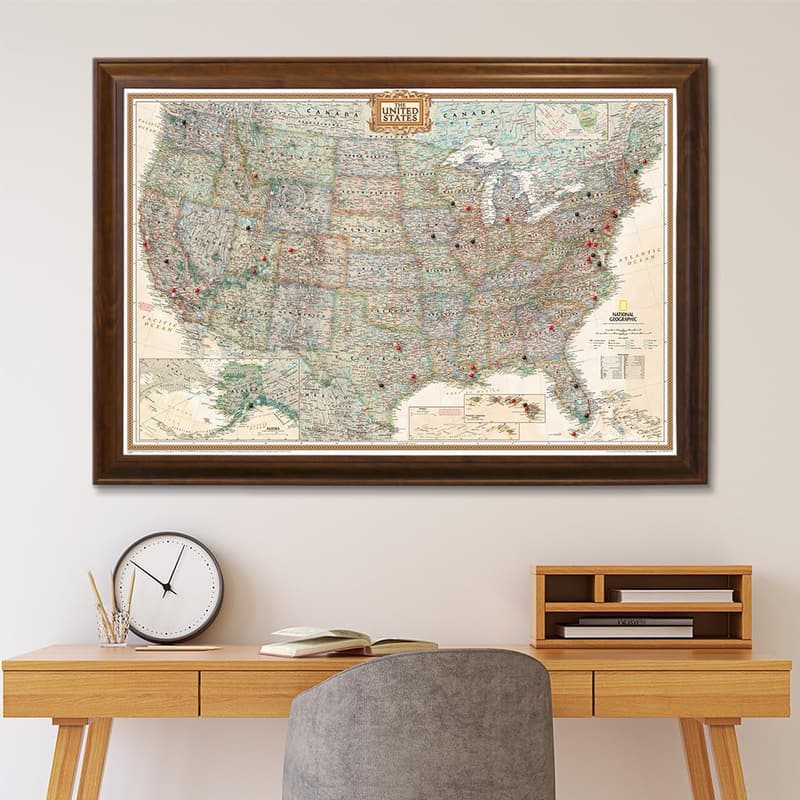 Brown Framed Push Pin Travel Map - Ideal for Travelers