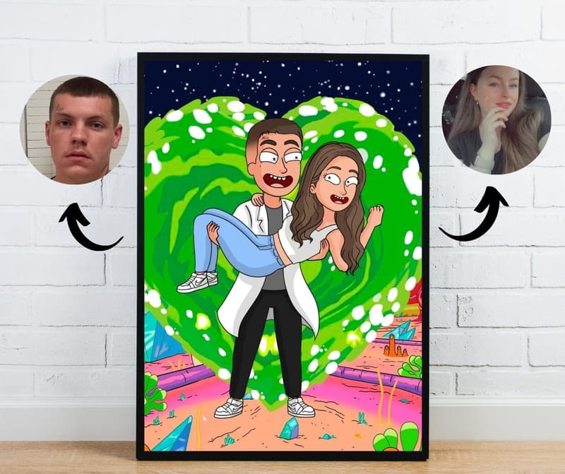 Custom Rick/Morty Cartoon Portrait for Couples & Families